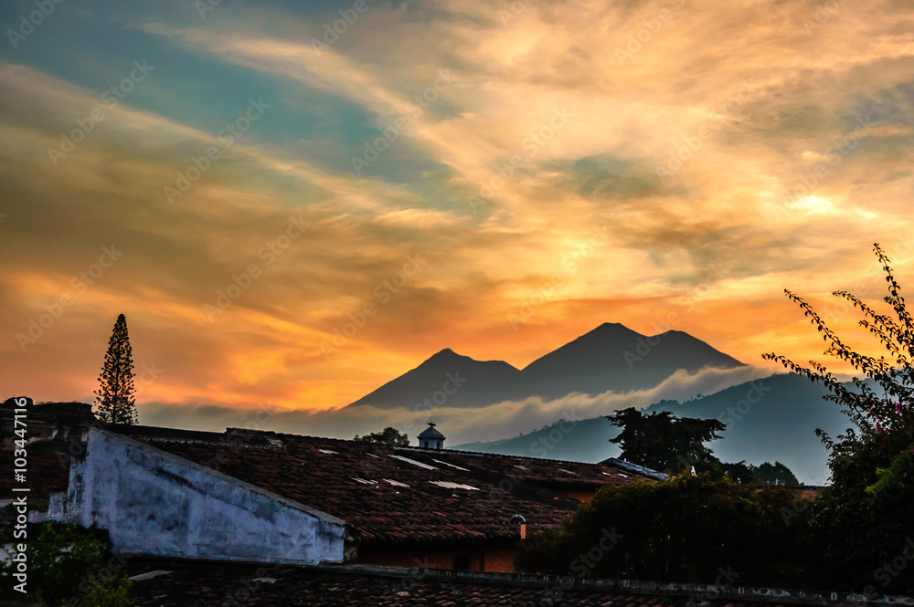 Sunset over two volcanoes, Guatemala