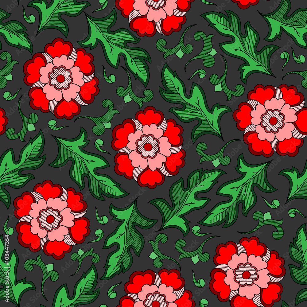 Vintage floral raster seamless pattern with hand-drawn  flowers.