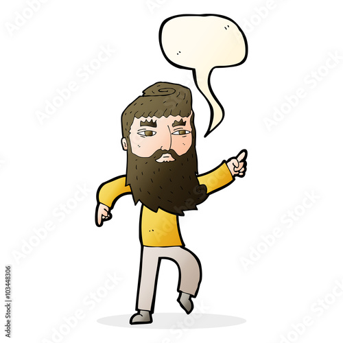 cartoon bearded man pointing the way with speech bubble