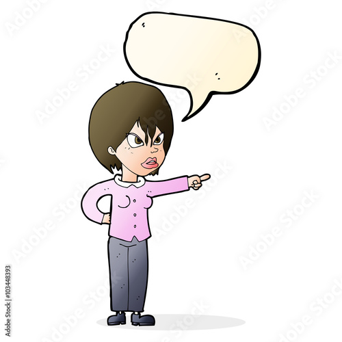 cartoon woman accusing with speech bubble