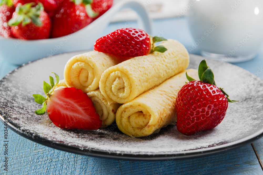 rolled pancakes with strawberries breakfast rolled pancakes with strawberries breakfast