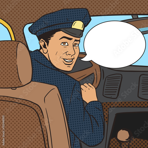 Taxi driver in taxi car pop art style vector