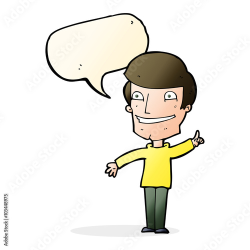 cartoon grinning man with idea with speech bubble