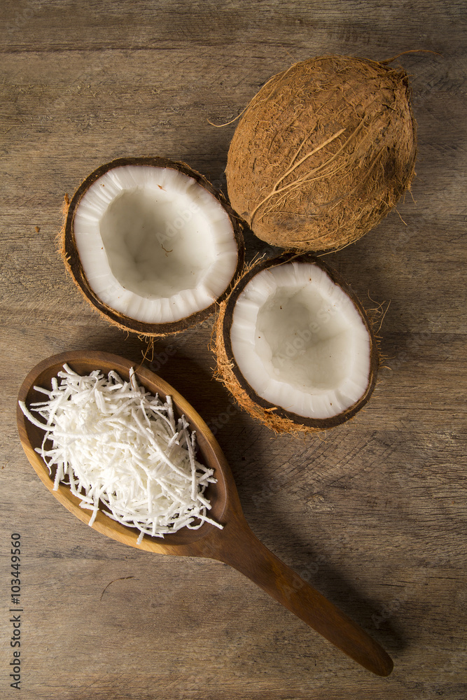 Fresh coconut on wooden background