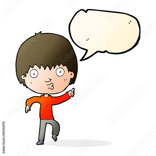 cartoon impressed boy pointing with speech bubble