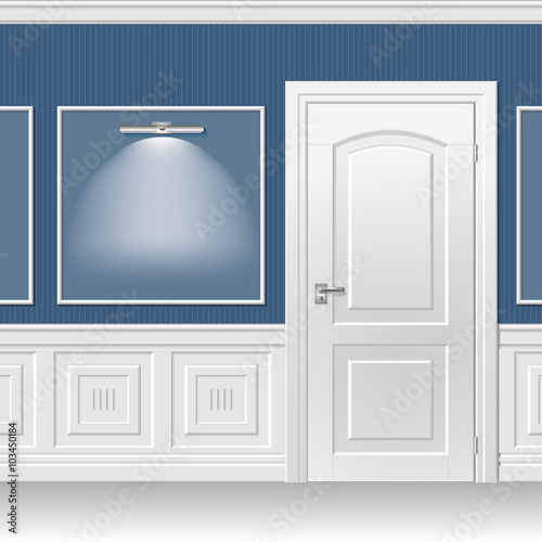 Door in the blue wall. White door in the classic interior trimmed with wood paneling