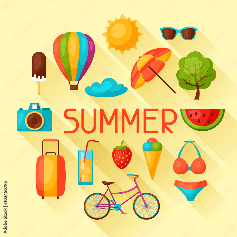 Background with stylized summer objects. Design for cards, covers, brochures and advertising booklets