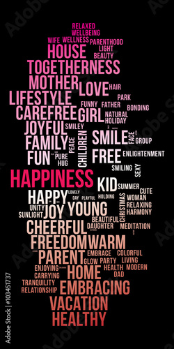 HAPPINESS word cloud. Bright and colorful tag cloud. Vector graphics illustration.