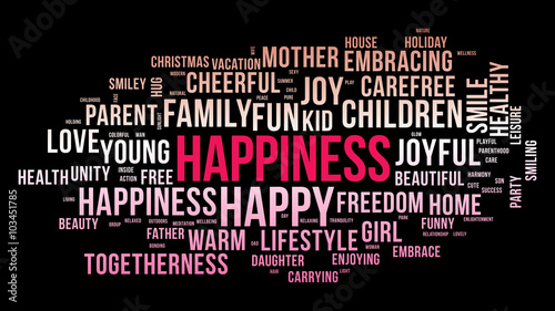 HAPPINESS word cloud. Bright and colorful tag cloud. Vector graphics illustration.