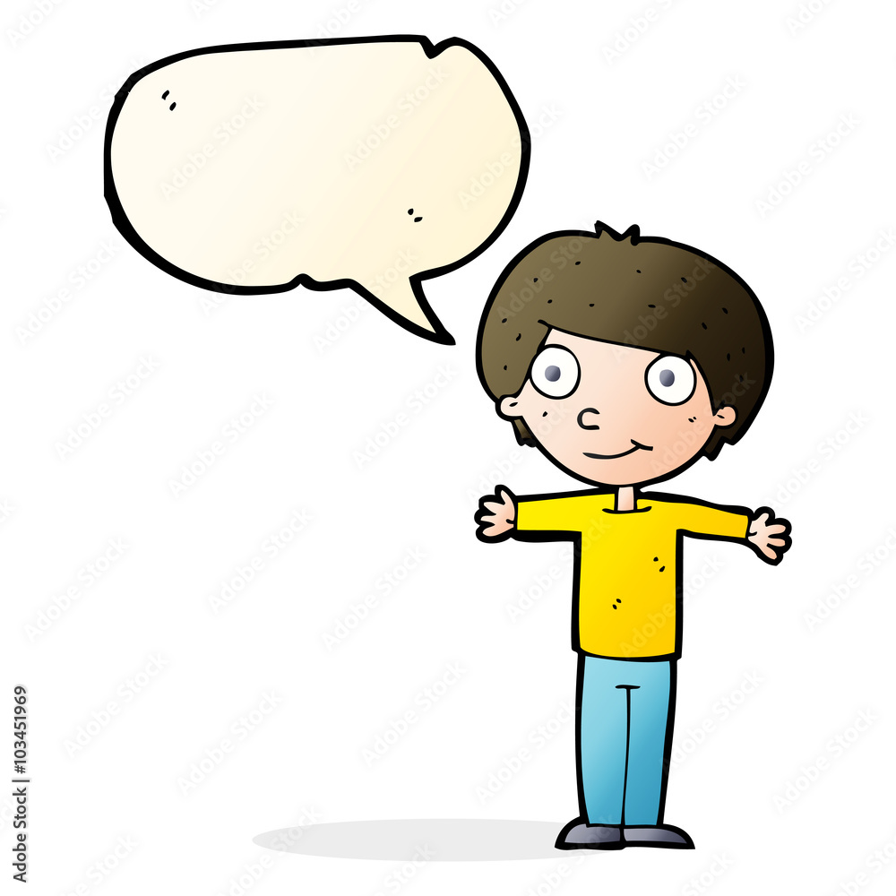 cartoon happy boy with open arms with speech bubble cartoon happy boy with open arms with speech bubble