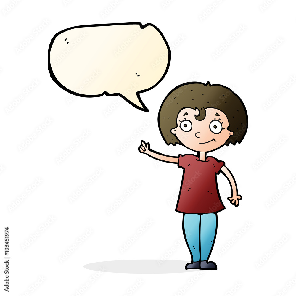 cartoon happy woman pointing with speech bubble cartoon happy woman pointing with speech bubble