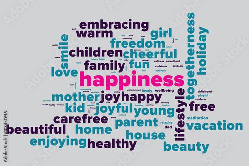 HAPPINESS word cloud. Bright and colorful tag cloud. Vector graphics illustration.