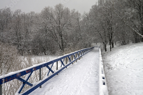 Snow-covered footbridge in a ravine. © Sergey Rybin