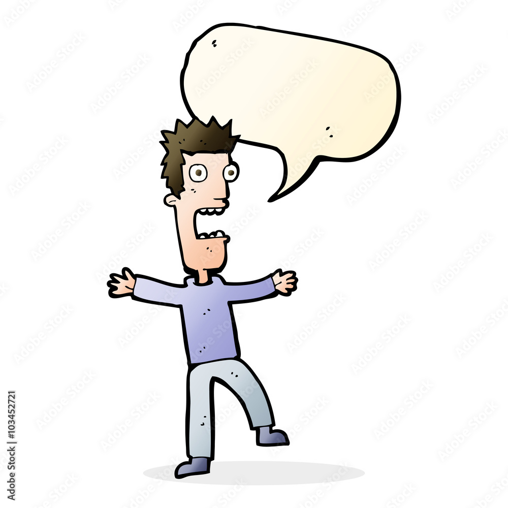 cartoon terrified man with speech bubble