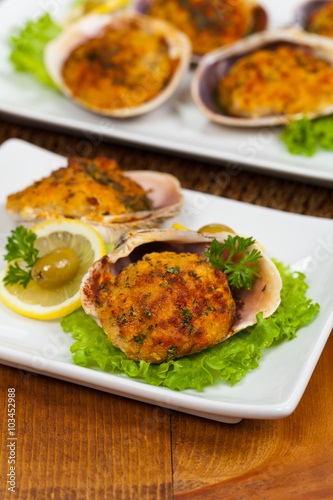 Baked Stuffed Clams. Selective focus.