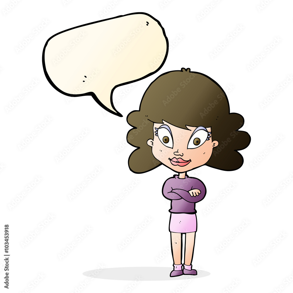 cartoon happy woman with folded arms with speech bubble cartoon happy woman with folded arms with speech bubble