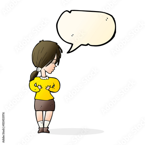 cartoon shy woman with speech bubble