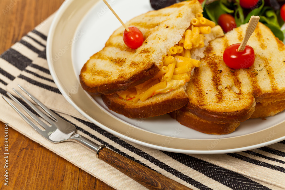 Macaroni and Cheese Sandwich. Selective focus. Macaroni and Cheese Sandwich. Selective focus.