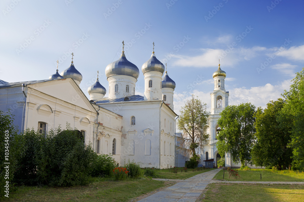  Russian orthodox Yuriev Monastery in Veliky Novgorod (Russia) in summer sunny day