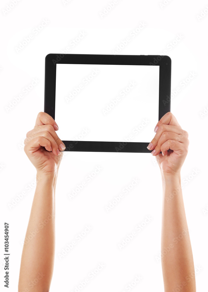 Black tablet in hands isolated on white background Black tablet in hands isolated on white background
