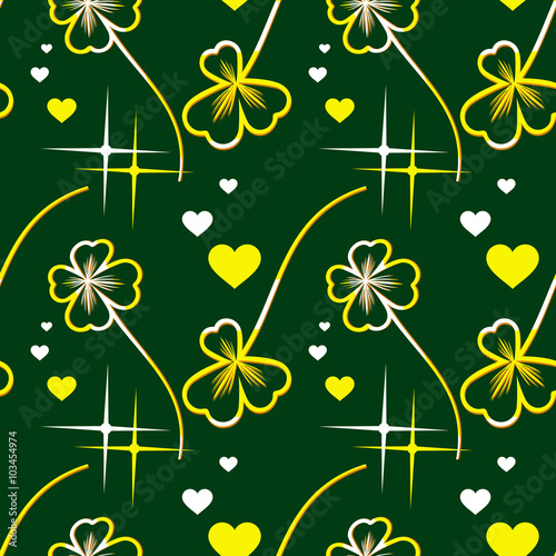 Seamless pattern with vector images of golden clover on a black. 