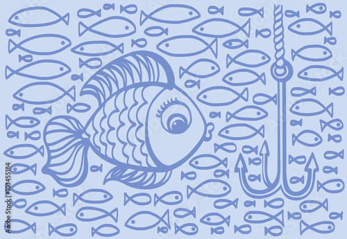 Cartoon drawing illustration of big fish with small fishes backg