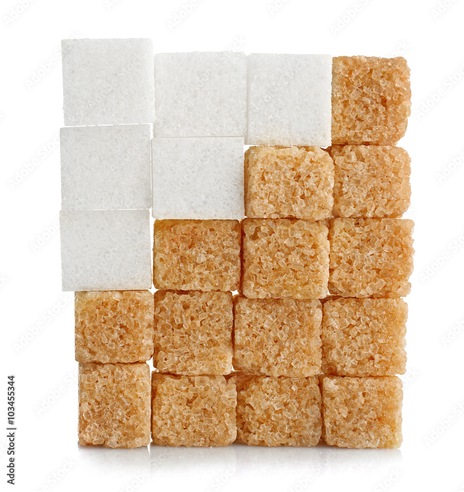 Pile of brown and white sugar cubes isolated on white background Pile of brown and white sugar cubes isolated on white background