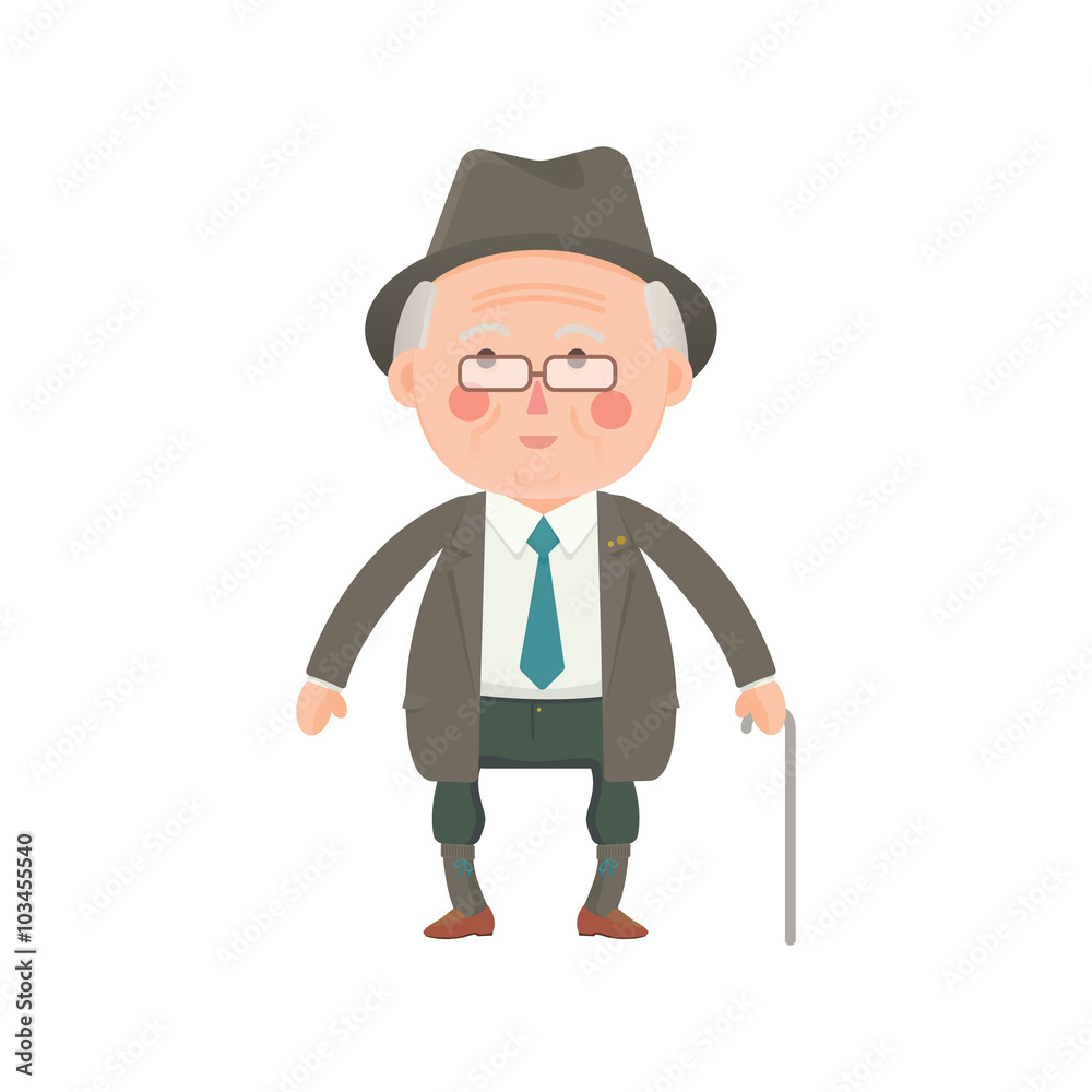 Vector Illustration of Old man in Suit with Walking Stick 