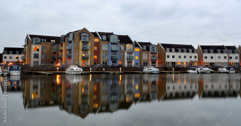  Marina apartments Eynesbury St Neots. New marina built on the River ouse. Photo taken early evening with lights and reflection.