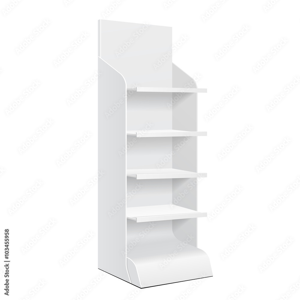 White POS POI Cardboard Floor Display Rack For Supermarket Blank Empty Displays With Shelves Products On White Background Isolated. Ready For Your Design. Product Packing. Vector EPS10 White POS POI Cardboard Floor Display Rack For Supermarket Blank Empty Displays With Shelves Products On White Background Isolated. Ready For Your Design. Product Packing. Vector EPS10