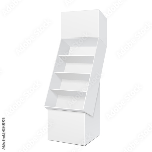 White POS POI Cardboard Floor Display Rack For Supermarket Blank Empty Displays With Shelves Products On White Background Isolated. Ready For Your Design. Product Packing. Vector EPS10 