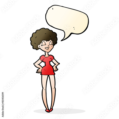 cartoon happy woman with hands on hips with speech bubble