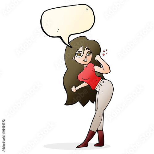 cartoon woman raising fist with speech bubble