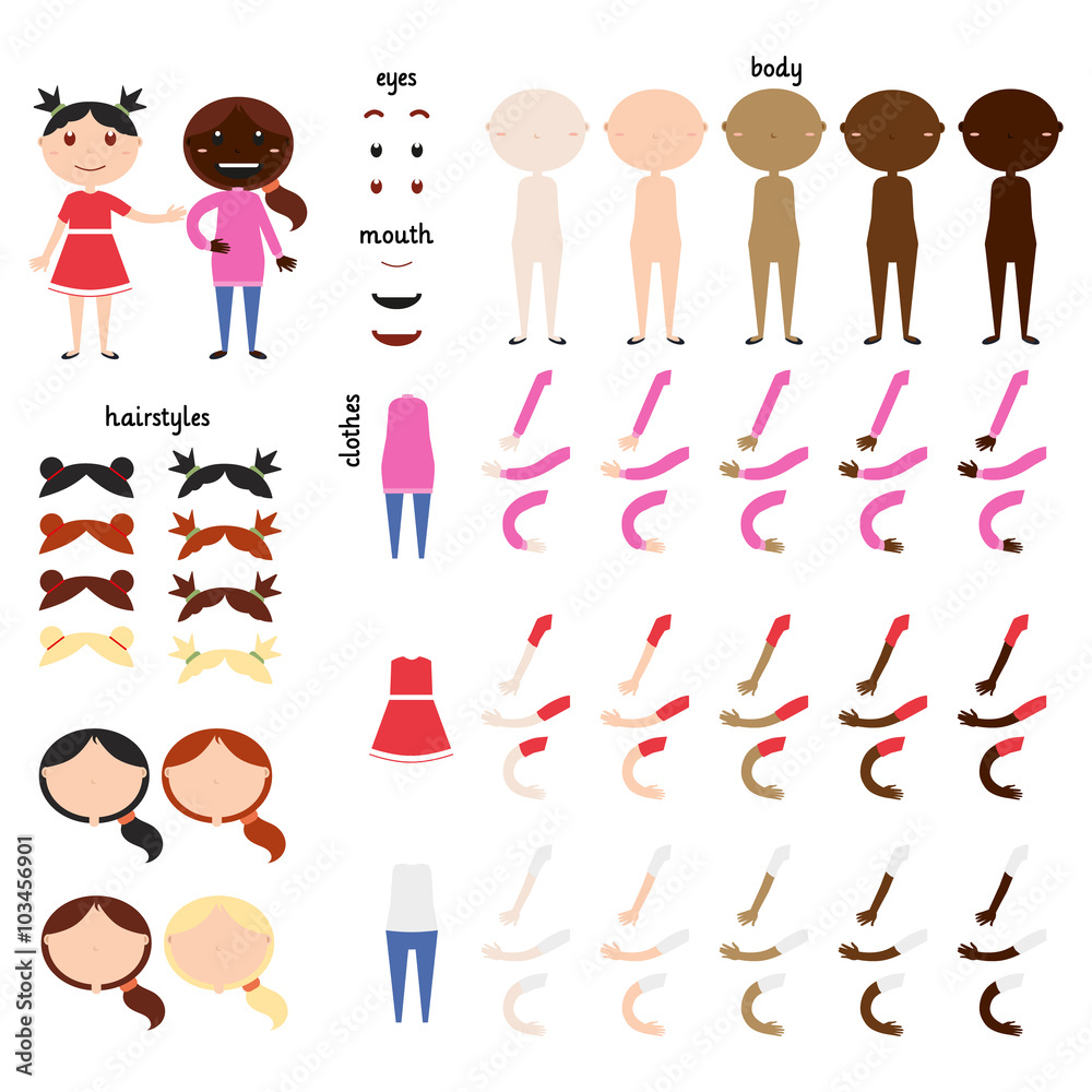 Fototapeta premium Girl. Parts of body template for design work. Face and body elements. Different human skin colors. Different hairstyles and hair colors. Different clothing options. Vector illustration. Set