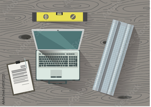 Engineer, Architect, Builder, Worker Work Table. Easy to Edit. Vector Illustration