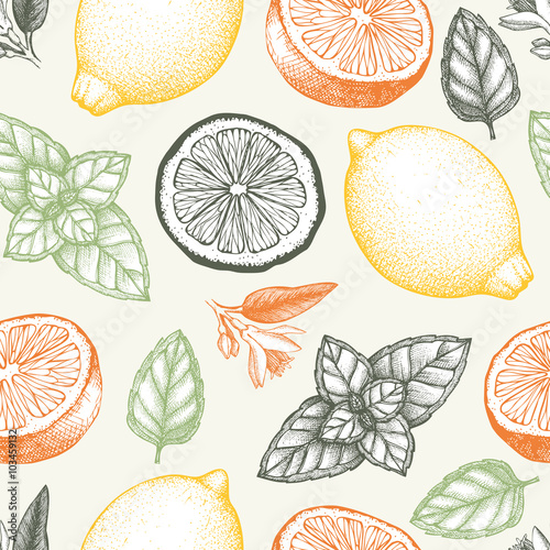 Vintage pattern design with herbal tea ingredients - lemon and mint. Vector seamless background with ink hand drawn herbs and spice sketch.