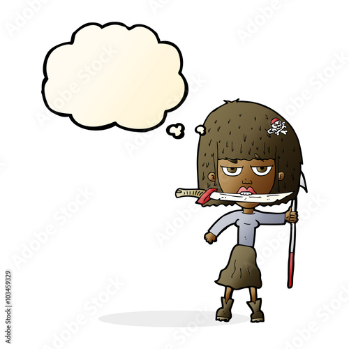 cartoon woman with knife and harpoon with thought bubble