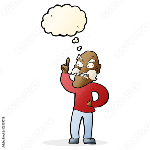cartoon old man laying down rules with thought bubble