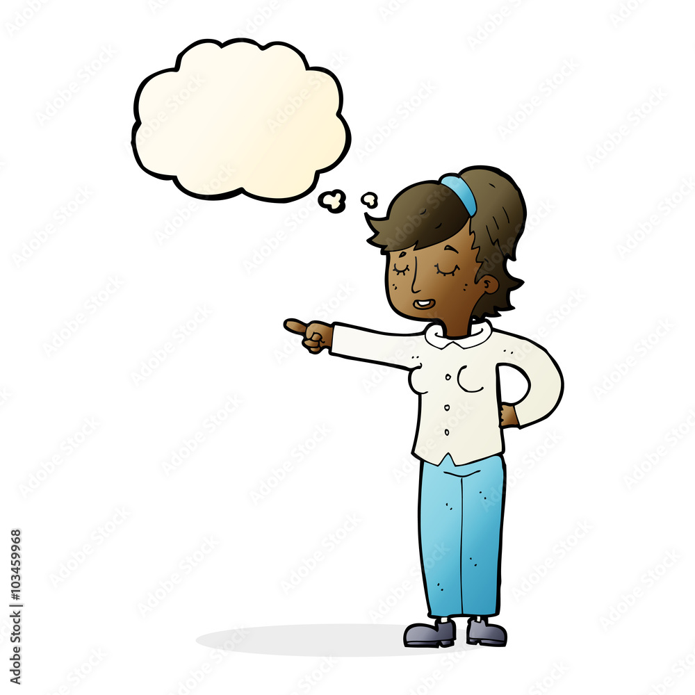 cartoon friendly woman pointing with thought bubble cartoon friendly woman pointing with thought bubble