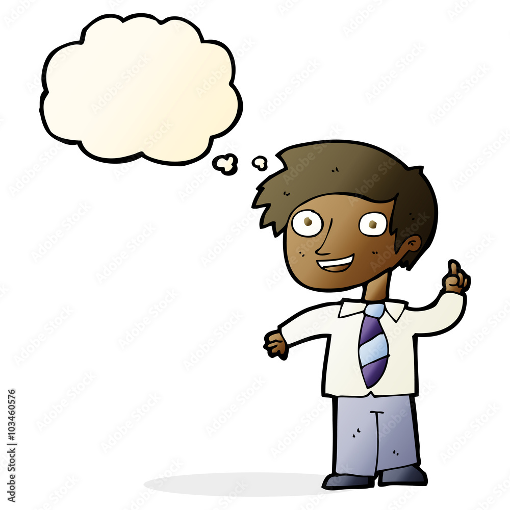 cartoon school boy with idea with thought bubble cartoon school boy with idea with thought bubble