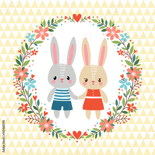 Vector illustration of rabbits in the floral frame. Greeting card with two Rabbits in a floral frame.