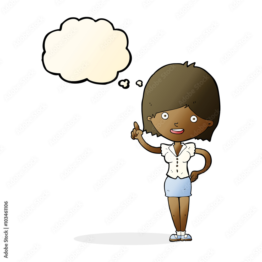 cartoon woman with idea with thought bubble cartoon woman with idea with thought bubble