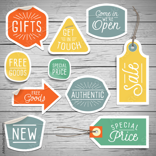 Stickers on rustic wood background for retail