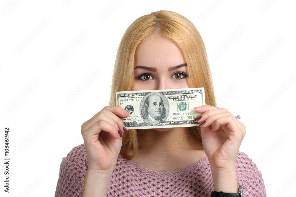 girl showing hundred dollar bill isolated on white background girl showing hundred dollar bill isolated on white background