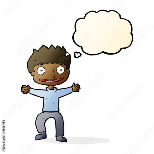 cartoon grinning boy with thought bubble