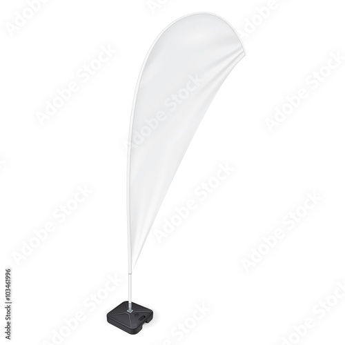 Outdoor Teardrop Feather Flag With Ground Fillable Water Base, Stander Advertising Banner Shield. Mock Up Products On White Background Isolated. Ready For Your Design. Product Packing. Vector EPS10