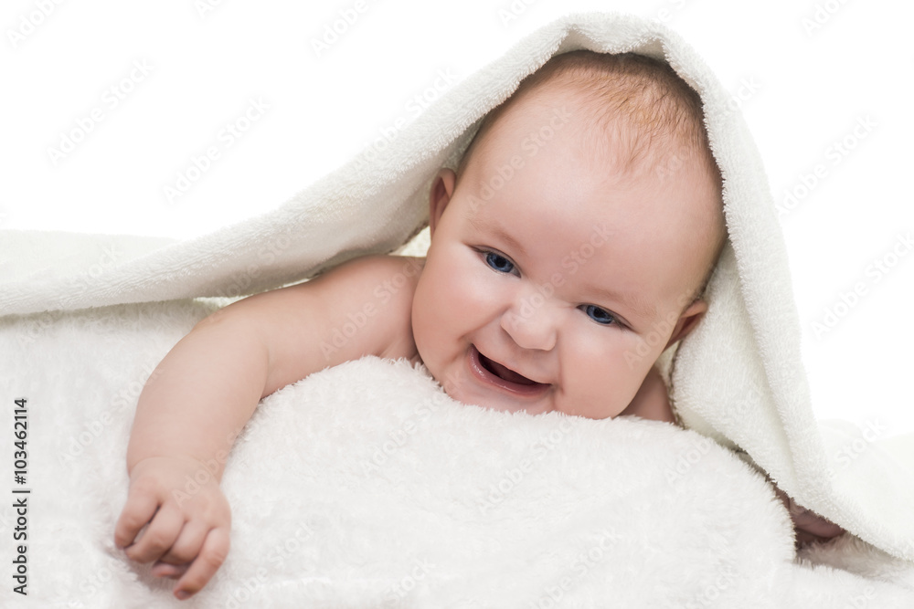 Baby boy is hiding under the white blanket Baby boy is hiding under the white blanket