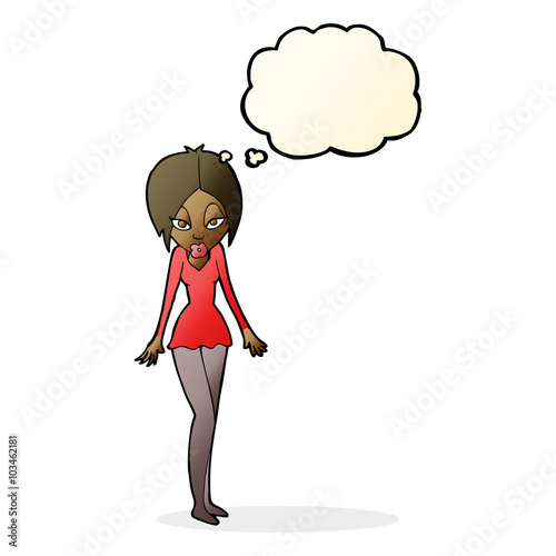cartoon woman in short dress with thought bubble