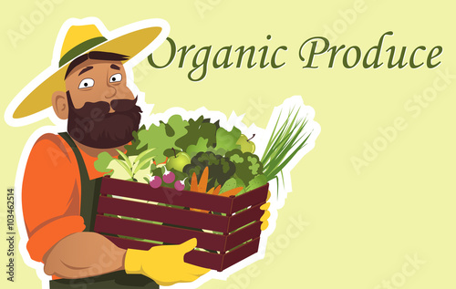 Bearded farmer or gardener in a hat holding a wooden box filled with fresh vegetables and fruits, copy space on the right, EPS 8 vector illustration, no transparencies