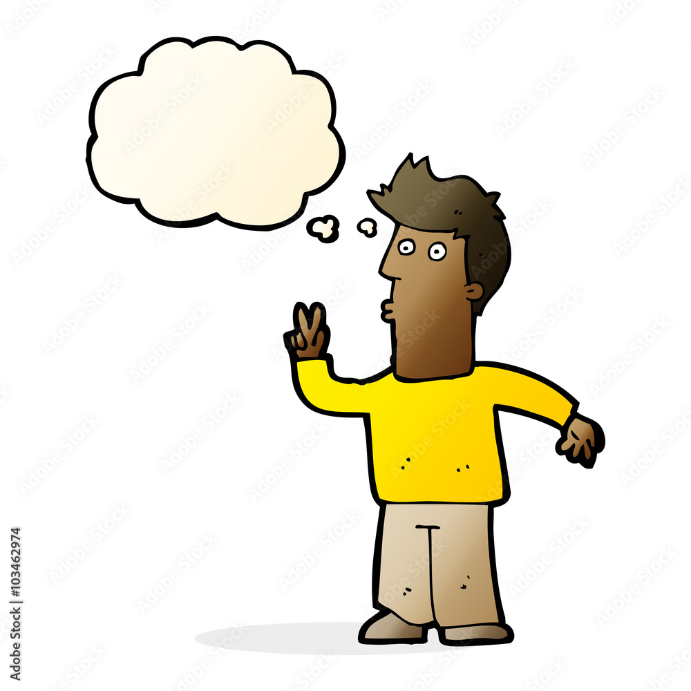 cartoon man giving peace sign with thought bubble cartoon man giving peace sign with thought bubble